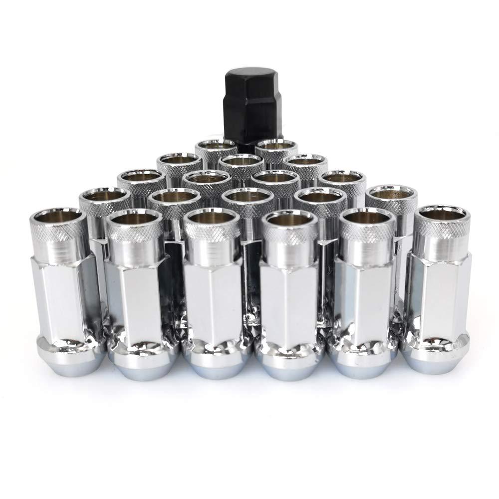 Chrome Lug Nuts M12x1.25 Open End Wheel Nuts,Taper Acorn Seat, Forged Locknut Racing Nut 20 Set 2 Pieces Total 22 Pieces and 1 Nut Socket Key (Silver M12 x P1.25)