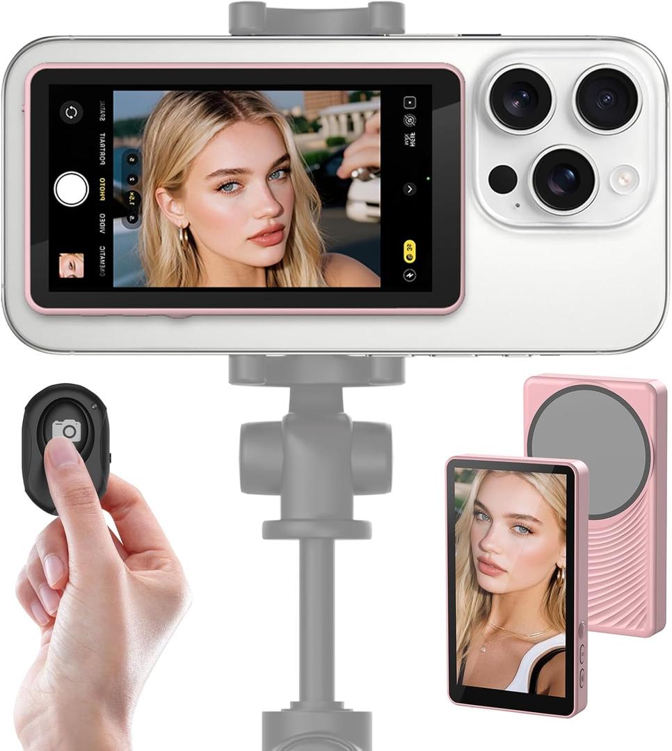 Henrety Wireless Vlog Selfie Monitor Screen for iPhone & Android, Bluetooth Remote, 180 Flip, Magnetic Stand, Wide Screen Mode, Rear Camera Live View for TikTok & YouTube (Pink)