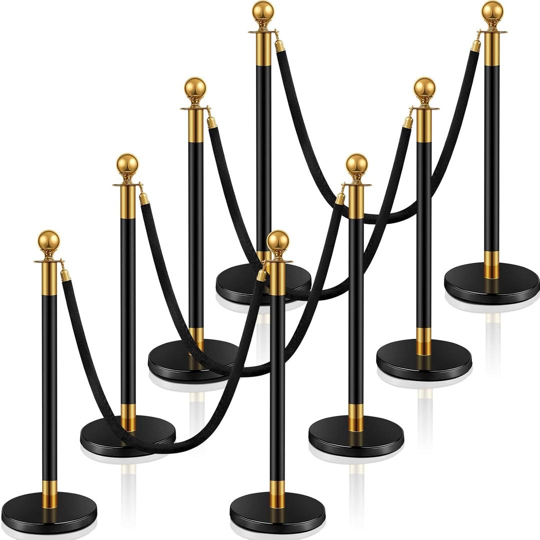 Ferraycle 8 Pcs 2025 Prom Stainless Steel Stanchion 5 ft Velvet Carpet Ropes and Pole Crowd Control Barriers Grand Opening Casino Movie Theme Party 360 Photo Booth Accessories (Black and Gold)