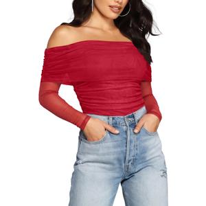 SAUNGKUAI Women's Off The Shoulder Long Sleeve Bodysuit Sexy Slimming Body Suit Tops Sheer Mesh Ruched Fall Outfits 2026 M