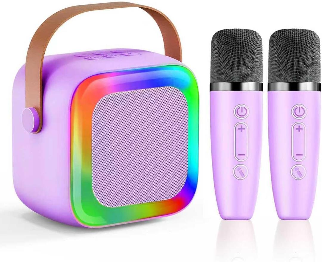 Mini Karaoke Machine for Kids Teen Adults, Kids Karaoke Machine with 2 Wireless Microphones and LED Lights Toys for Party, Home, Gifts for 4 5 6 7 8 9 10 11 12+ Years Girls Boys(Purple)