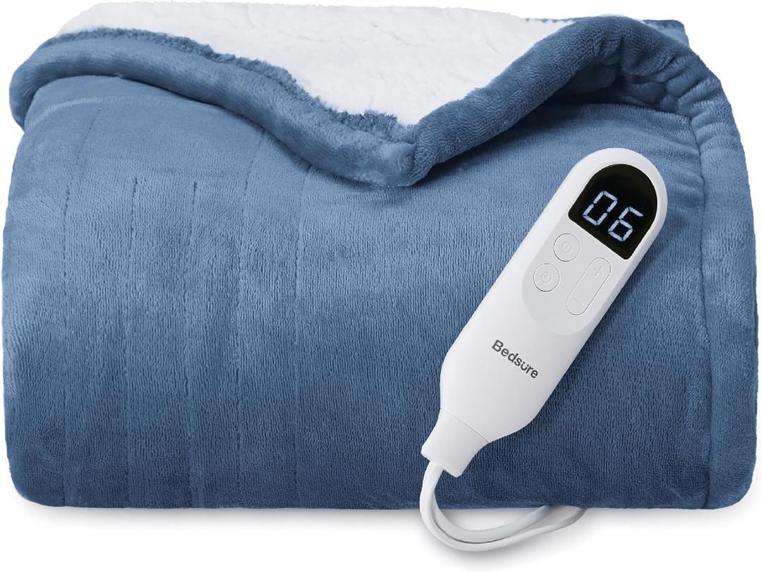 Bedsure Heated Blanket Throw Blanket - Fast Heating Electric Blanket, Soft Flannel Heated Throw with 4 Time Settings, 6 Heating Settings, Warm Gifts for Grandma (50x60 Inches, Blue)