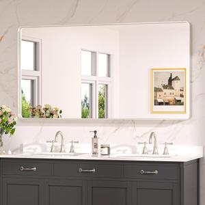 Keonjinn 55 x 30 Brushed Nickel Bathroom Vanity Mirror, Large Rounded Rectangle Bathroom Mirrors for over Sink, Metal Framed Silver Mirror for Wall, Shatterproof HD Tempered Glass(Horizontal/Vertical)