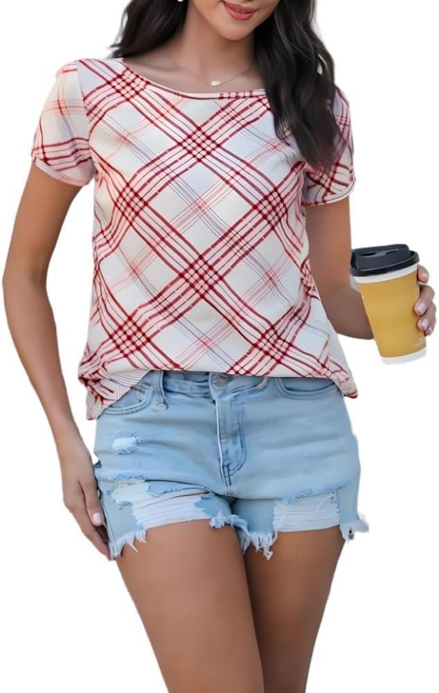 Summer Short Sleeve Shirt for Women Tops Dressy Business Casual Crewneck Blouse Slim Fit (L)