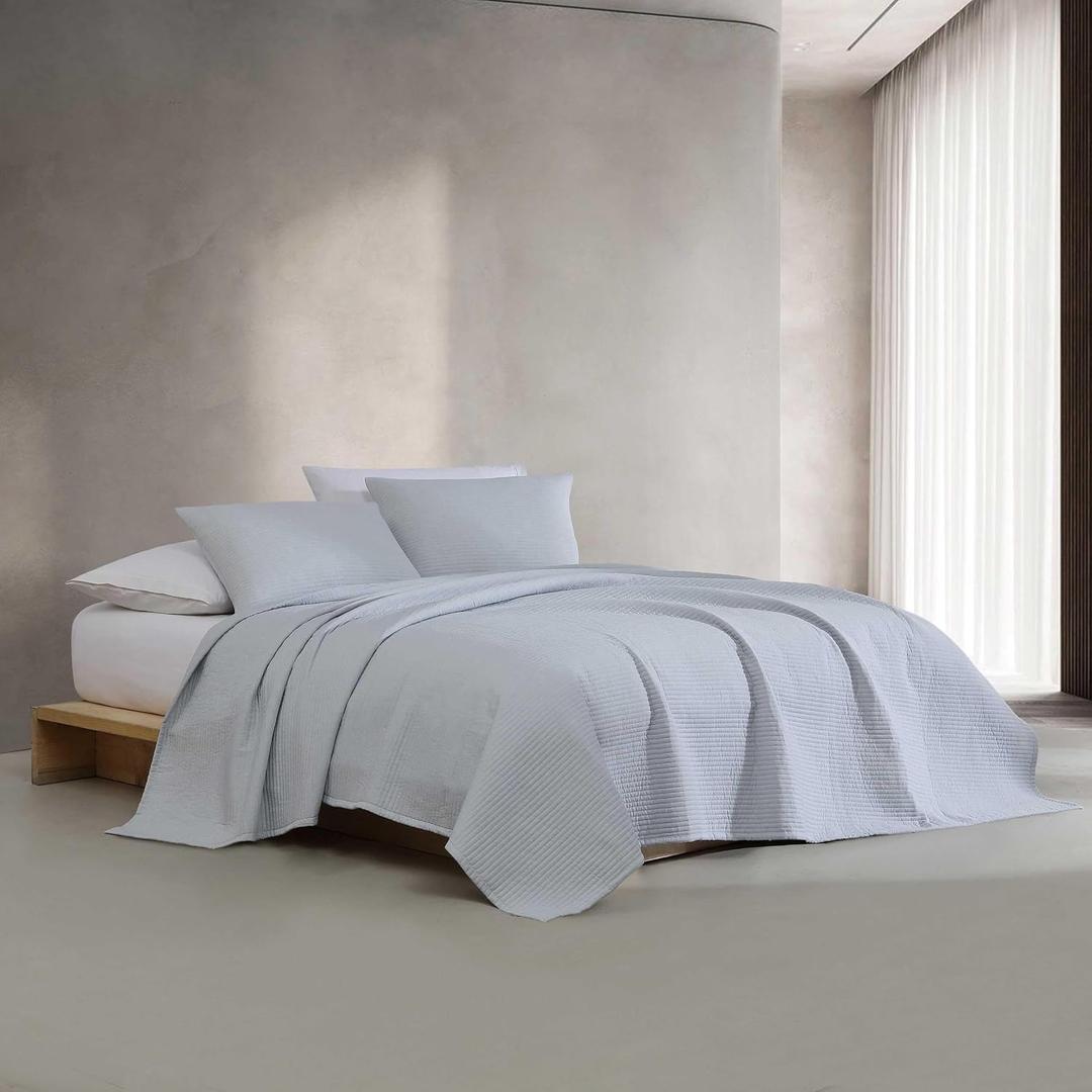 Calvin Klein - King Quilt Set, Luxuriously Soft Channel Stitch Bedding with Matching Shams (Mini Channel Stitch Solid Blue, King)