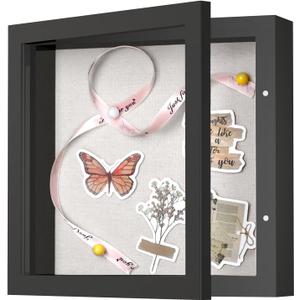 8x8 Shadow Box Frame with Linen Back - Sturdy Rustic Memory Display Case of Flower, Pictures, Medals and More, Black