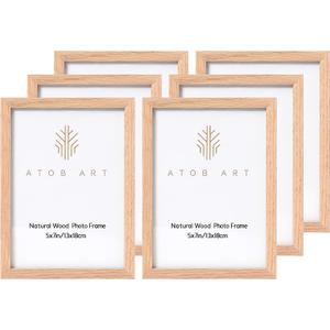 ATOBART 5x7 Oak Wood Picture Frames, 6 Pack Natural Wood Color Photo Frame with High Definition Glass for Wall Mount or Table Top Display