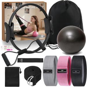 Pilates Equipment 15" Pilates Ring Plus, Pilates Kit for Home Workouts, Pilates Essentials Kit for Women with Pilates Ring and Ball Set, Booty Bands, Figure 8 Resistance Band, Yoga Band (Black)