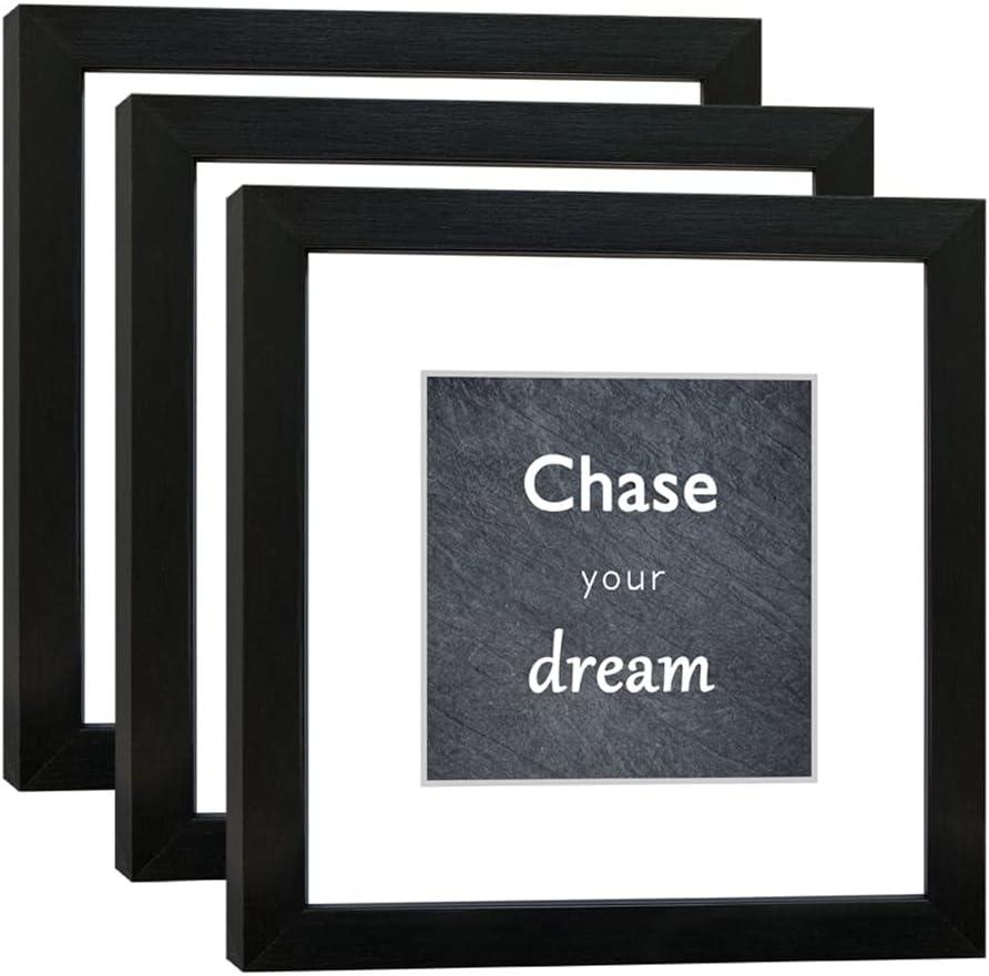 DEKWINN 8x8 Picture Frame Set of 3 with Real Glass for Pictures 5x5 with Mat or 8x8 Without Mat, Wall Gallery or Tabletop display Photo Frames in Black