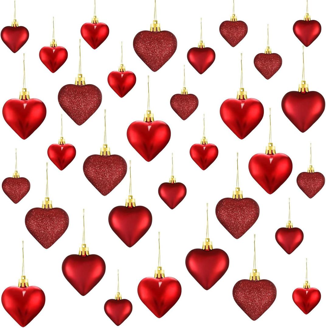 Skylety 30 Pieces Valentine's Day Heart Ornaments, Heart Shaped Decorations Tree Hanging Baubles for Valentine Wedding Anniversary, 3 Styles 2 Size (Red)