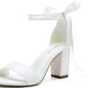 Women's Open Toe Block Heel Pearl Wedding Shoes for Bride Chunky Heeled Sandals Bridal Shoes Pumps (7, Ivory)