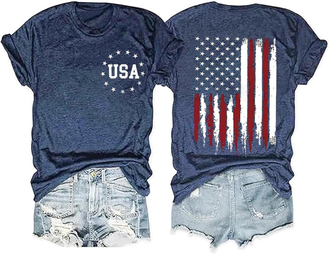 American Flag Patriotic T-Shirt Women 4th of July Gift Shirt USA Flag Stars Stripes Graphic Short Sleeve Casual Tops (Small, Blue)