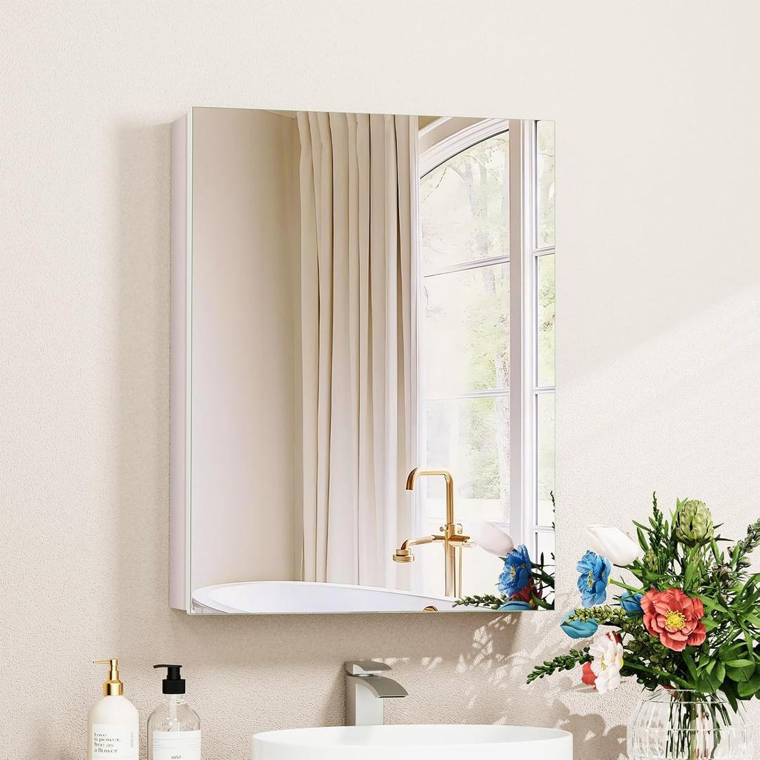 14 x 18 Medicine Cabinet Mirror, Mount or Recessed Bathroom Mirror with Storage, Aluminum Framed Medicine Cabinet with Adjustable Shelves for Bathroom Vanity Modern Farmhouse