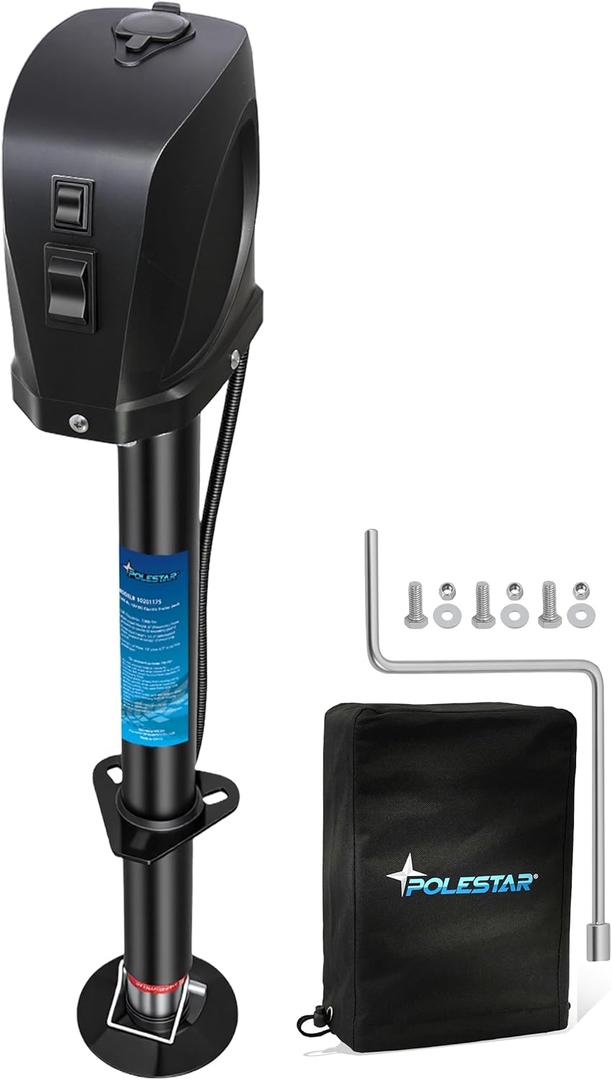 POLESTAR Electric Trailer Jack, 7500lbs Electric Power A-Frame Tongue Jack
with Waterproof Protective Cover & LED Light for Travel Trailer Camper, RV, 12V DC 7-Way Plug, 9"-27" Lift