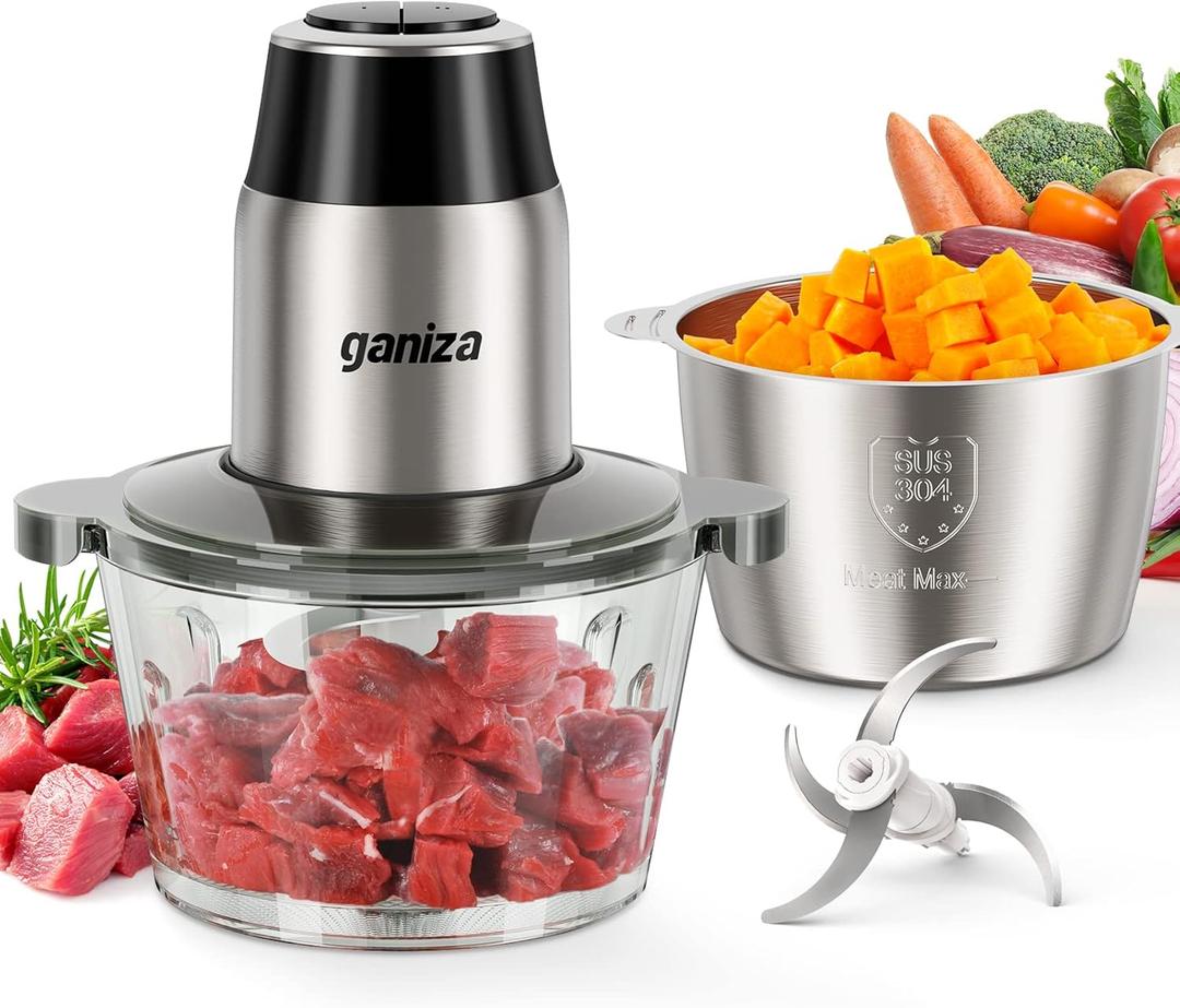 GANIZA Food Processors, Electric Food Chopper with Meat Grinder & Vegetable Chopper - 2 Bowls (8 Cup+8 Cup) with Powerful 450W Copper Motor - Includes 2 Sets of Bi-Level Blades for Fruits/Meat/Nuts (8 Cup+8 Cup, Black)