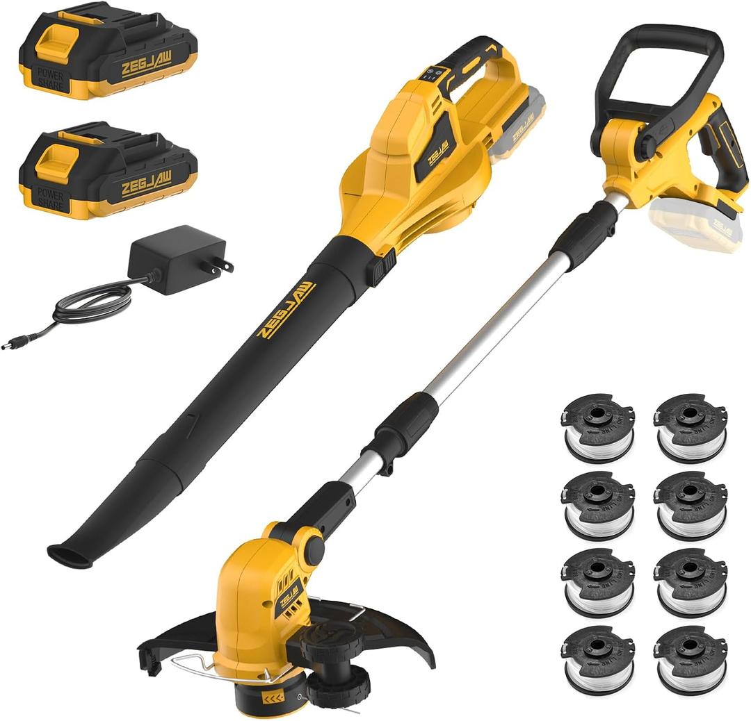 12-Inch 20v Cordless String Trimmer + Leaf Blower Combo Kit, for Lawn, Garden and Yard, with 8 Pcs Replacement Spools, 2x2.0Ah Batteries & Charger Included