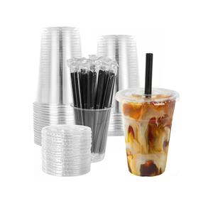 25 Sets - 16oz Disposable Clear Plastic Cups with Lids and Smoothies Straws Party Drinking Cups for Milkshakes,Cold Coffee