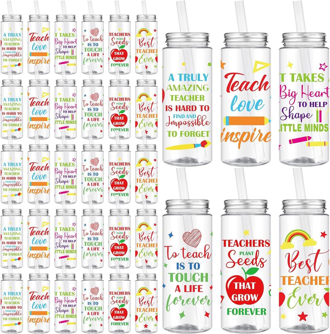 Ziliny 36 Pcs Teacher Appreciation Gift Teacher Cups Bulk 14.2oz Thank You Cups with Lid and Straw Inspirational Cold Drinking Cup for Coworker Stuff