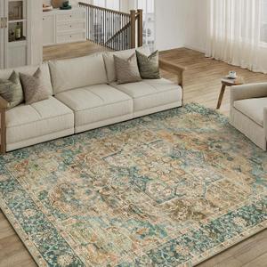 6x9 Washable Area Rug Vintage Distressed Living Room Bedroom Carpet Rust Blue Non Slip Soft Low Pile Traditional Throw Rug for Indoor Dining Room Office Dorm Decor