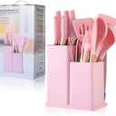 Pink Silicone Cooking Utensils, Non-stick Kitchen Set, Wooden Handle Non Toxic BPA Free
