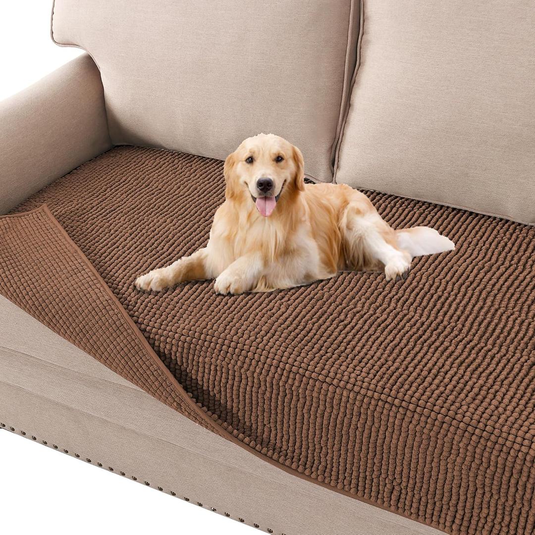 H.VERSAILTEX Plush Chenille Dog Bed Cover Thick Soft Sofa Cover for 3 Cushion Couch Anti Slip Couch Cover Furniture Protector for Dog, Pet, Cat (35" x 74", Caramel)