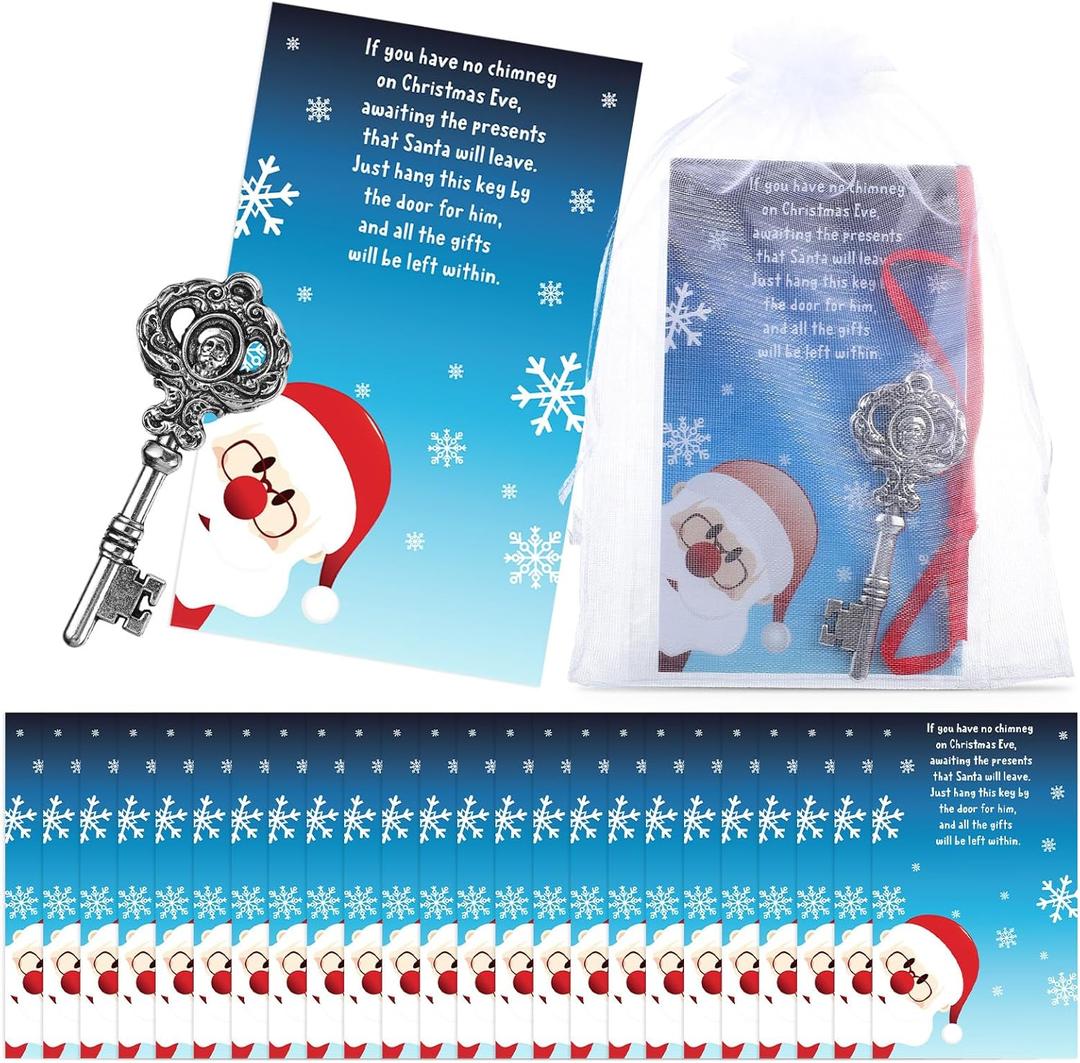 Jetec 48pcs/16 Packs Christmas Santa's Key Ornament No Chimney House Set 16 Metal Vintage Christmas Key Ornaments 16 Santa Claus Cards 16 Gift Bags for Xmas Tree Decor Gift Favors
