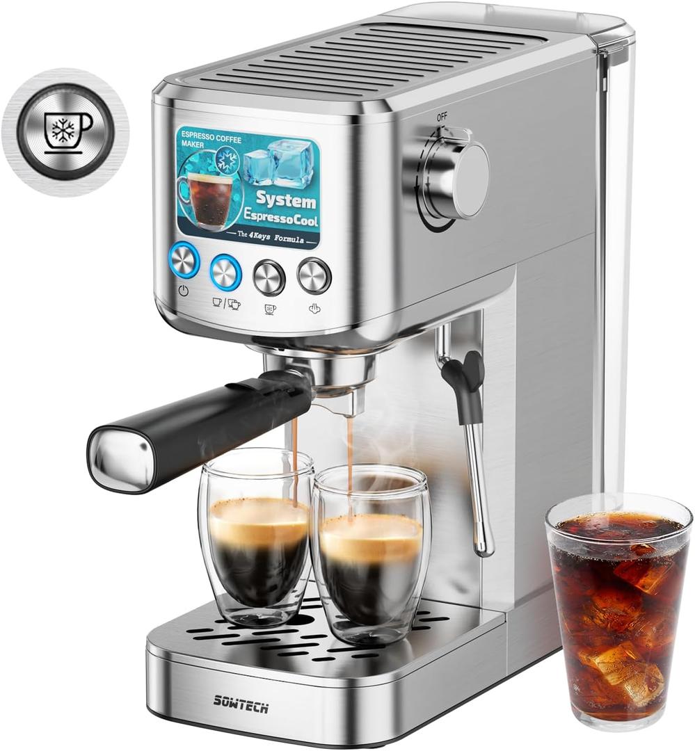 SOWTECH Espresso Machine 20 Bar, Compact Espresso Maker with Milk Frother, Stainless Steel Coffee Machine with 42 oz Water Tank for Cappuccino, Latte&Cold Brew, Home&Office, Silver
