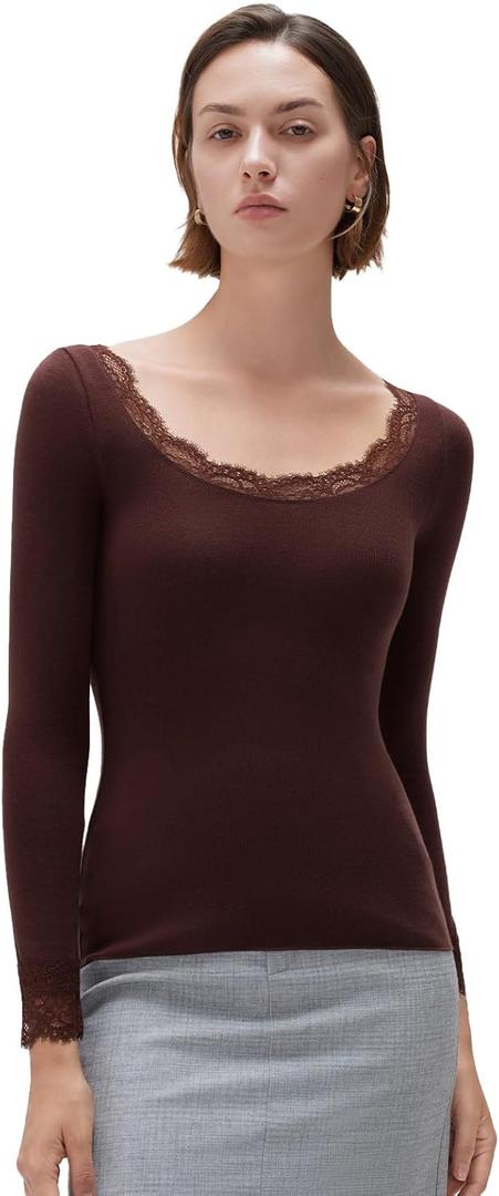 SUUKSESS Cloud Cashmere Women Lace Scoop Neck Tops Basic Long Sleeve Knit Shirts (X-Small, Dark Brown)