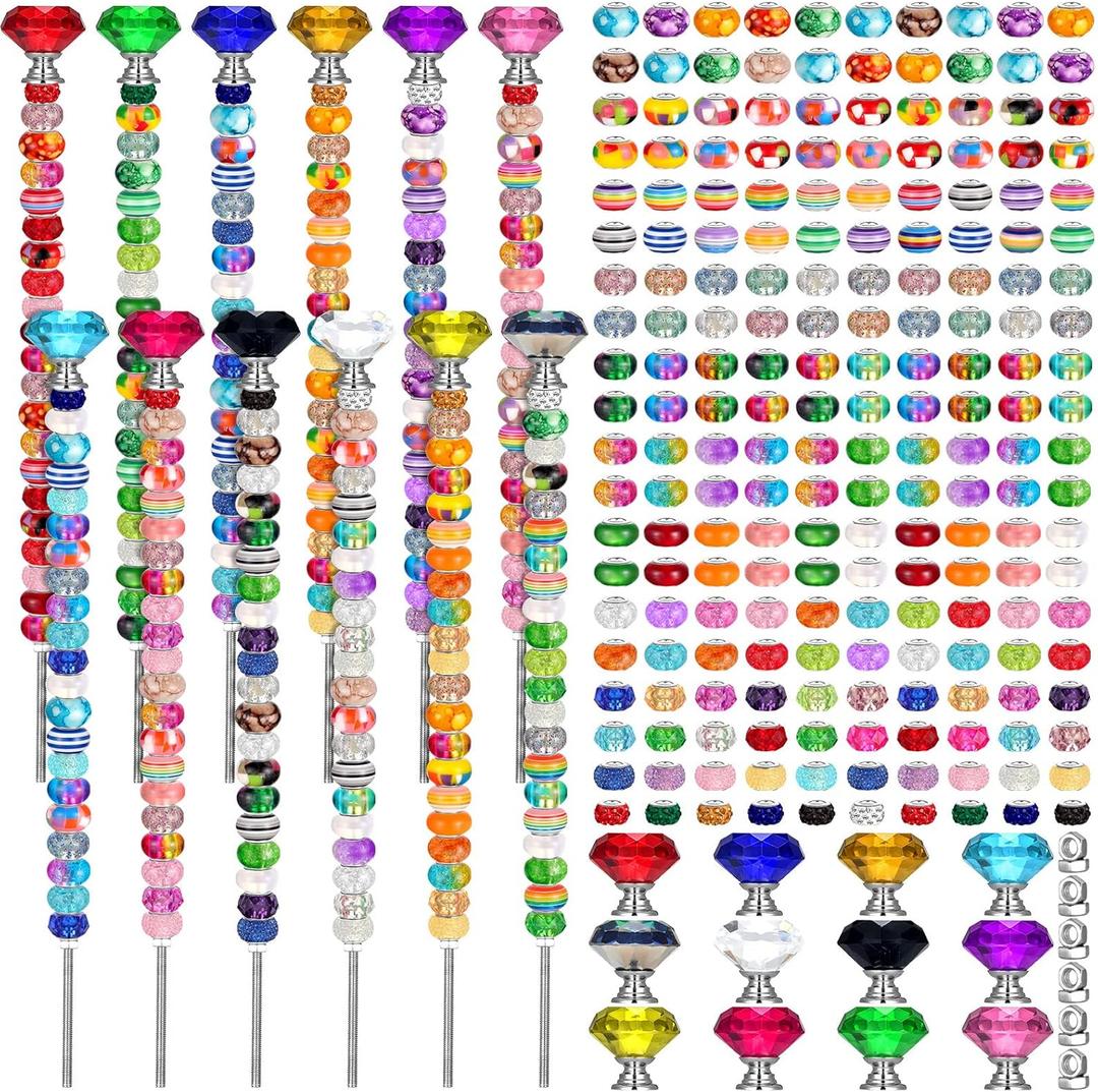 Tigeen 236 Pcs Garden Stake DIY Fairy Wand Plant Stake with 12 Colorful Crystal Stopper Top 12 Threaded Rod with 200 Large Hole Bead for Spring Summer Holiday Outdoor Decorations(Classic)