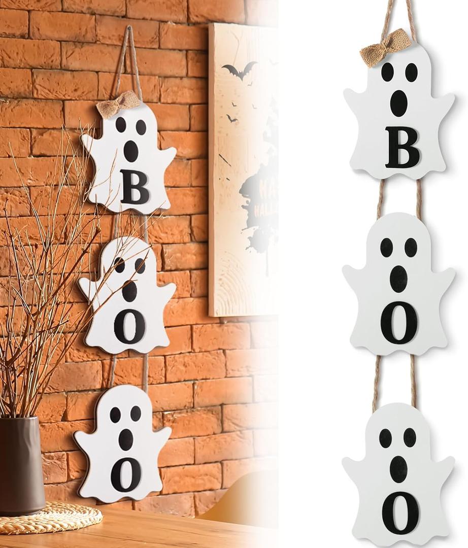 Vicenpal Halloween Ghost Boo Wooden Door Hanger Sign, Large Cute Ghost Decor for Front Door Yard Wall Indoor/outdoor Halloween Party Decorations(Classic)