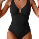 B2prity One Piece Swimsuit for Women Tummy Control Ruched Bathing Suit V Neck Push Up Swim Suit (Small, Black)