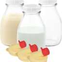 kitchentoolz 16 Oz Glass Milk Jug with Caps - Perfect Milk Container for Refrigerator Storage - 16 Ounce Short and Wide Glass Milk Bottle with Tamper Proof Lid and Pour Spout (2, 16 oz)