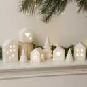 8 Pcs Ceramic Christmas Village Houses Set 5 LED Light up White Ceramic Village Houses with 3 Xmas Trees Xmas Figurines for Farmhouse Rustic Indoor Home Mantel Table DIY Display Holiday Decorations