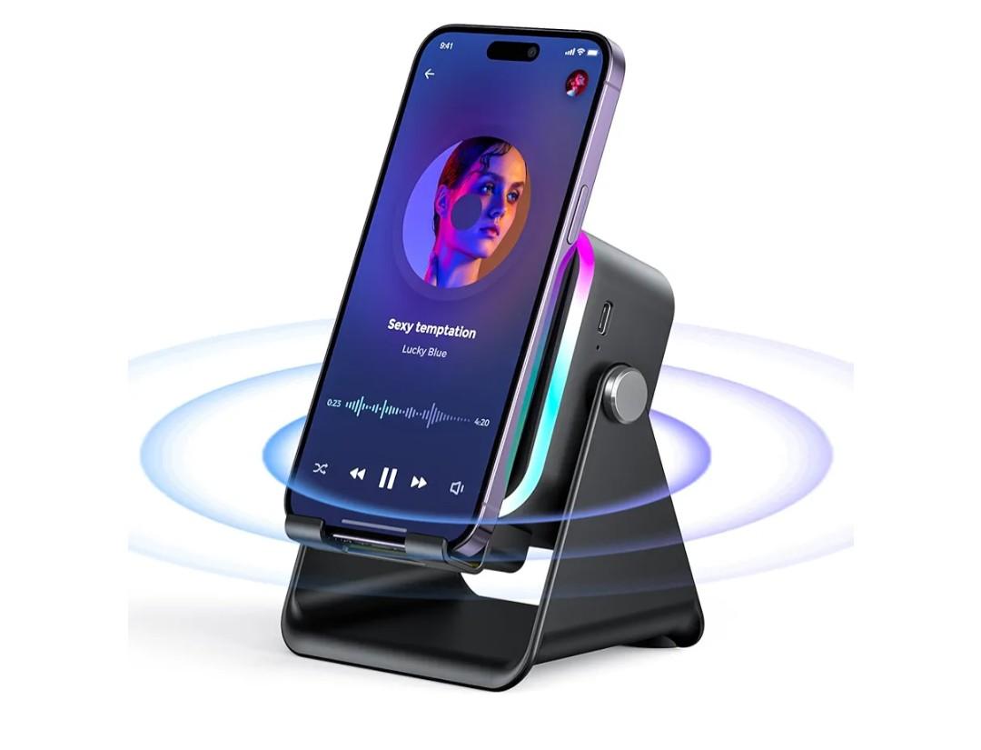 Induction Speaker with Phone Stand 5 in 1 Wireless Induction Bluetooth Audio for iPhone Android Phone Speakers Amplifier with Rechargeable Colorful Light, Birthday Gifts for Men Women Teens (Black)