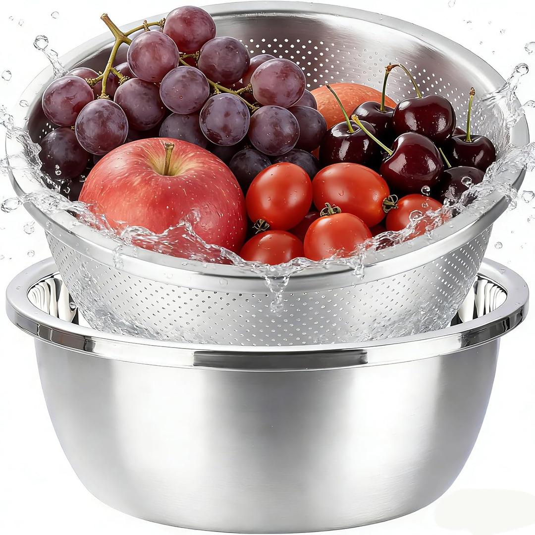 Colander and Bowl Set 5.0QT (2-in-1) - Thickened 304 Stainless Steel Kitchen Strainer Bowl for Fruit, Pasta, Vegetables, Rice - Heavy Duty, Induction Cooker & Dishwasher Safe