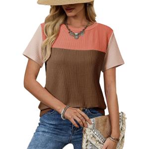 Dokotoo Womens Summer Tops 2026 Casual Color Block Womens T Shirts Loose Fit Crewneck Knitted Tops Trendy (M)