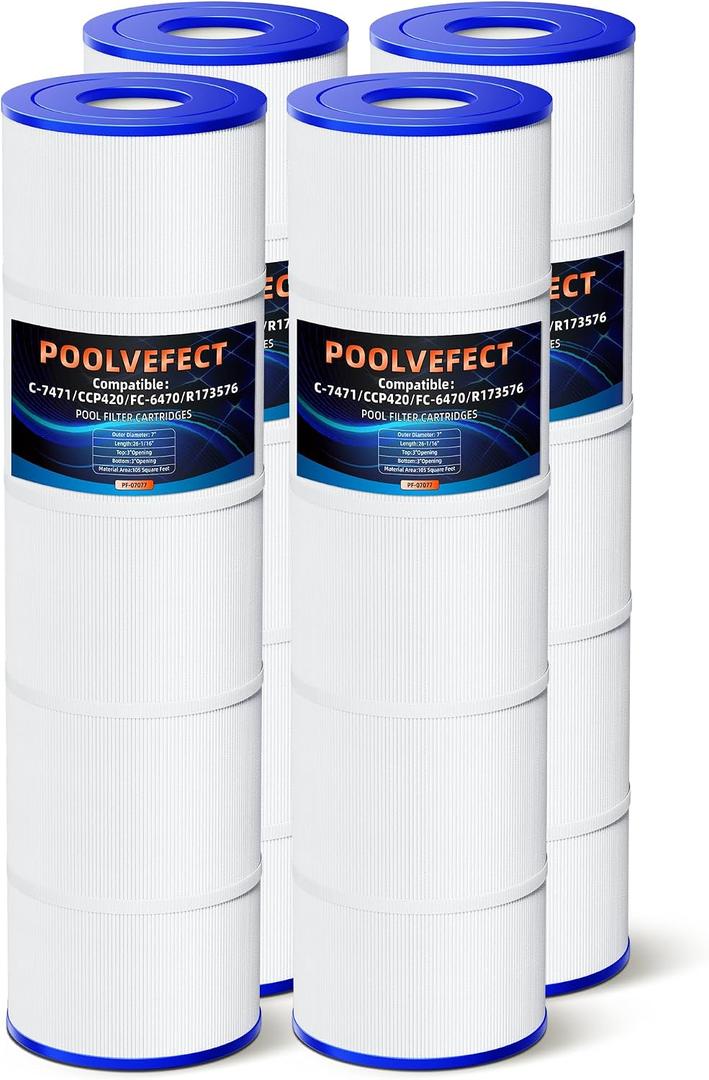 PF-07077 Compatible with CCP420, Clean and Clear Plus 420, PCC105-PAK4, R173576, C-7471, 178584, 817-0106, FC-6470 Pool Filter Cartridges,4 x 105 Sq. Ft,LOD: 26-1/16"7, 4 Pack