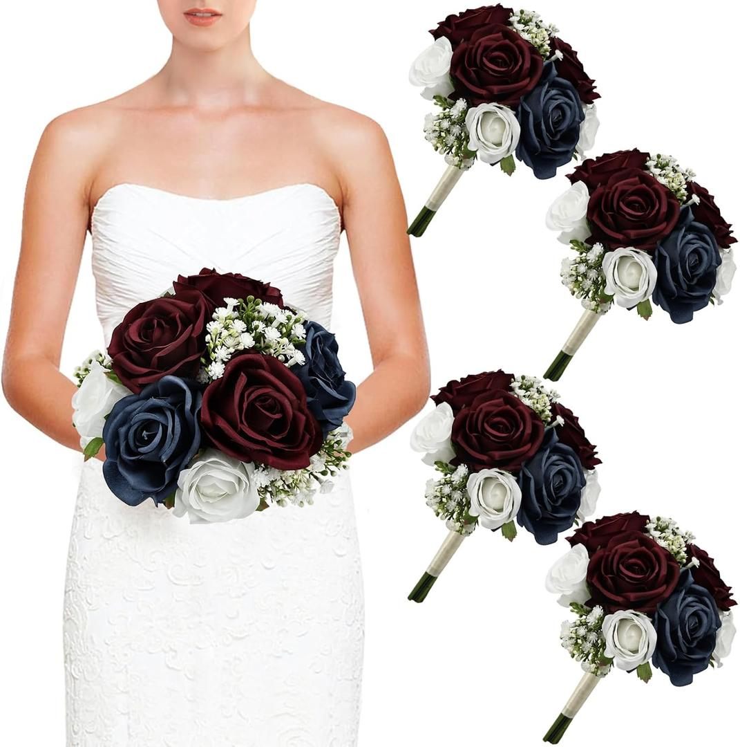 Wedding Bridesmaid Bouquets Set of 4, Artificial Silk Flowers Arrangement for Ceremony Marriage Proposal Party Anniversary Decorations - Burgundy & Navy Blue