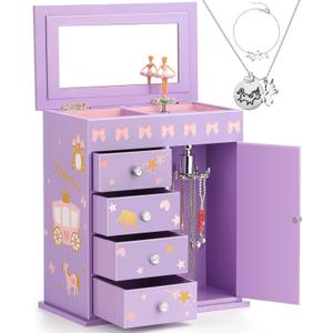 Upgrade Jewelry Box for Girls 5-Layer with Swing Door Spinning Ballerina Unicorn &Castle Design Unicorn Jewelry Set Included Kids Music Box for Little Girls Birthday Christmas Gift Purple