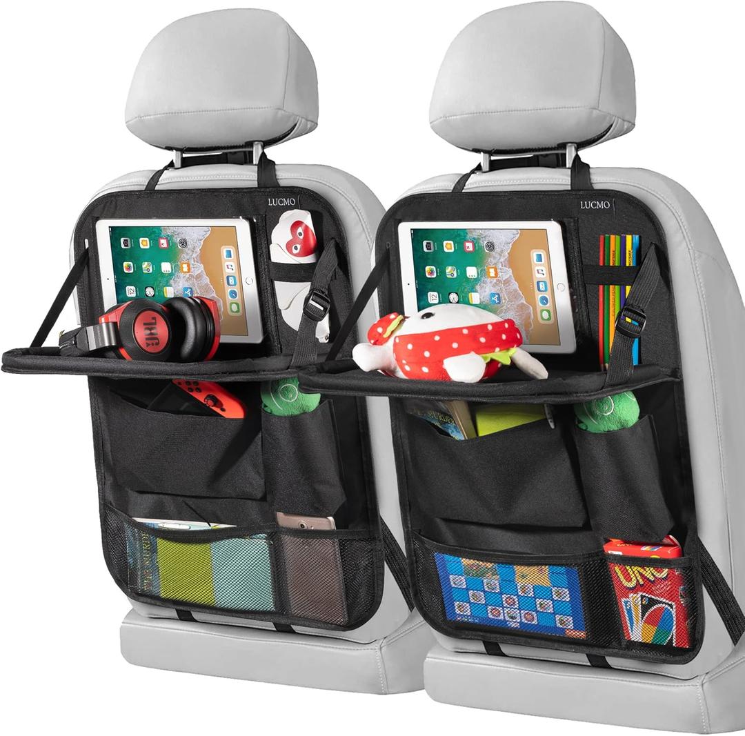 LUCMO Car Backseat Organizer with Touch Screen Tablet Holder, 9 Storage Pockets Storage Organizer, Protectors Kick Mats Travel Accessories (Black, 2 Pack with Food Tray)
