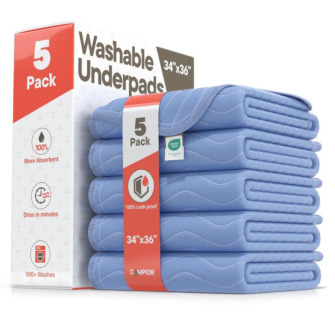 Washable Underpads Large 34"x36" (Pack of 5) Reusable Waterproof Bed Pads for Adults & Seniors, Extra Heavy Absorbency Incontinence & Bedwetting Pads, Soft, Blue.