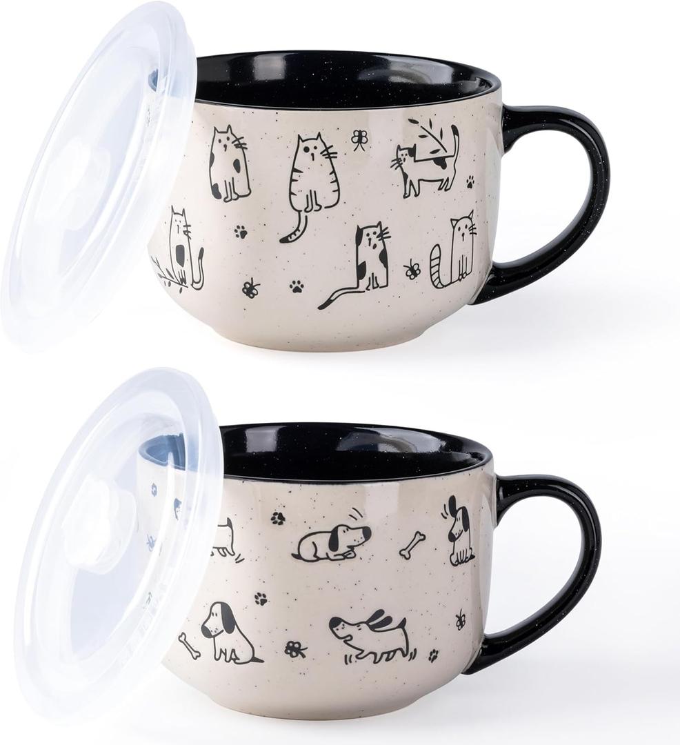 AmorArc 24 Ounces Ceramic Soup Mugs with Lids and Handle, Stoneware Bowls Cup Set of 2 for Soup, Stew, Noodle, Beautiful Mug Bowls With Lovely Dog,Cat Patterns, Microwave & Dishwasher Safe, Black