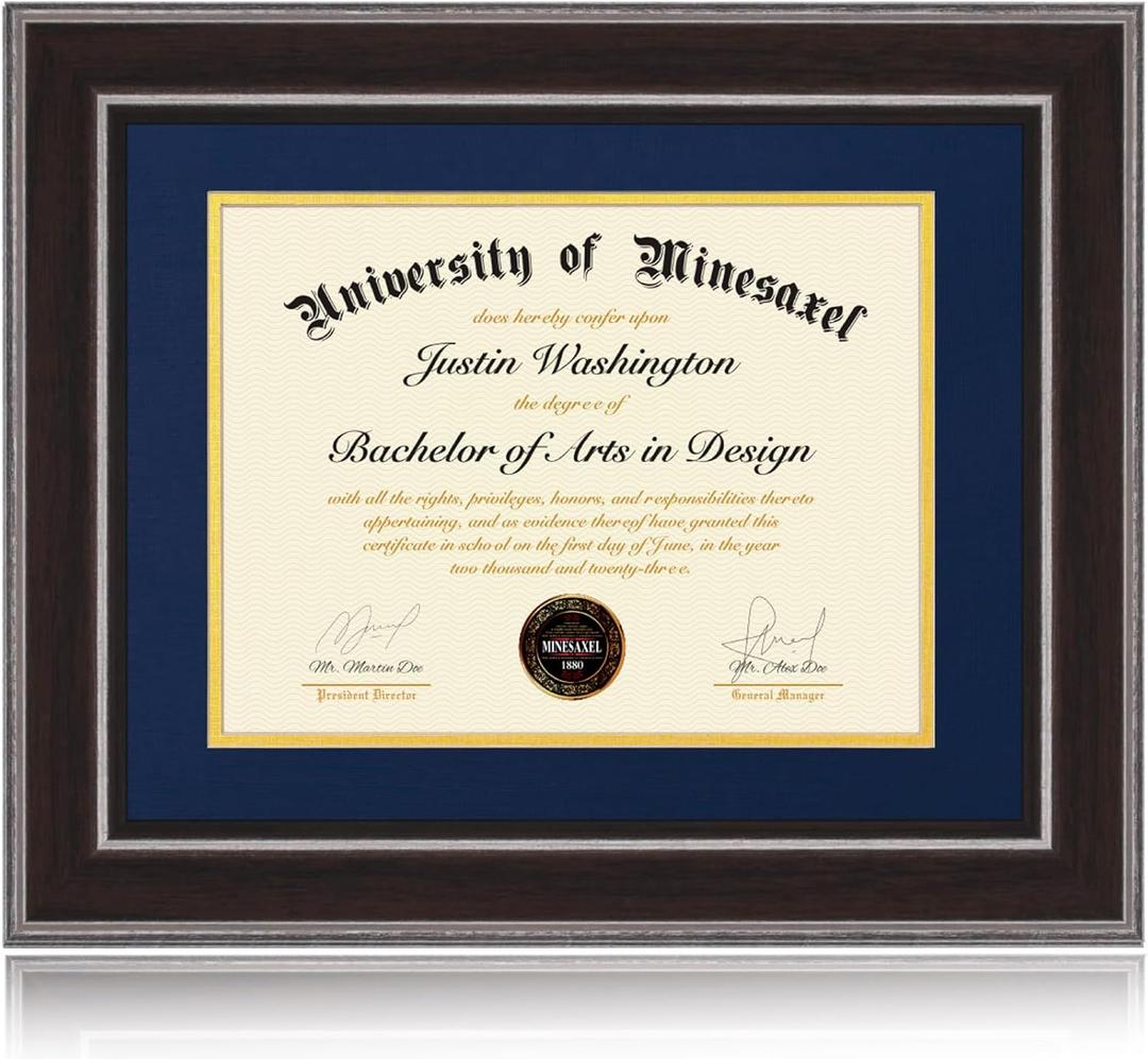 11x14 Diploma Frames 8.5x11 with Blue Mat, Fits Degree Certificate Document, 14 x 11 Walnut Color Frame with Plexiglass Panel for Wall Mounting or Tabletop Display
