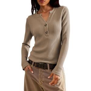 Jar of Love Women's Waffle Knit Tops Long Sleeve Shirts Henley Tops V-Neck Button Down Thermal Shirts Fall Outfits (Beige, L)