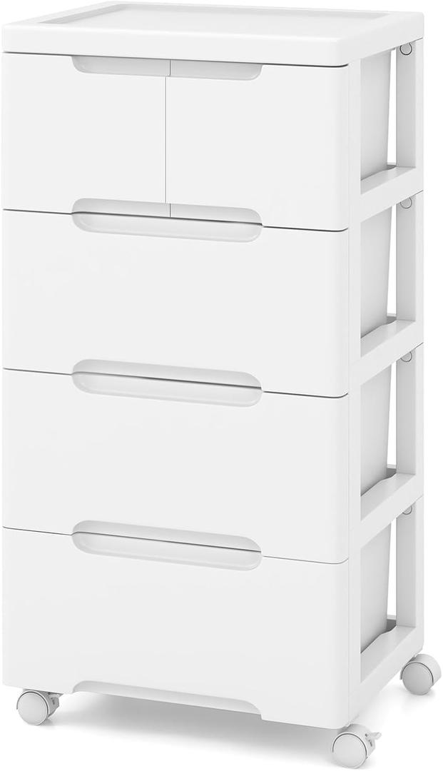 Plastic Storage Drawer Cart, Mobile Utility Cart, Home Craft Organizer with 5 Drawers & Lockable Wheels, Slim Rolling Storage Cart for Living Room, Bathroom, Dorm & Office (16”L x 13”W x 31”H)