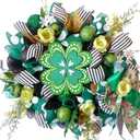 idyllic Irish Festival Aloe Green 22 Inch St Patricks Day Wreath, Four Leaf Clover Wood Sign with Green White Bow, Shamrock Decorations for Front Door Window Indoor Outdoor Holiday Decor