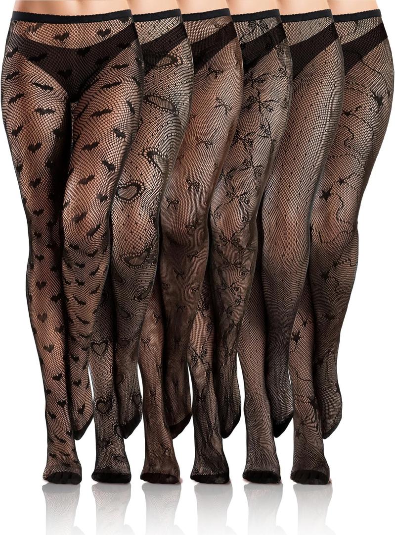Ramede 6 Pairs Women Fishnet Thigh High Stockings Waist Tights Bow Patterned Goth Fishnet Leggings Pantyhose for Halloween (X-Large-XX-Large, Black)