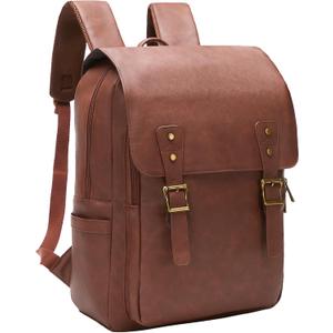 Leather Backpack for Men Women, 15.6in Laptop Backpack Waterproof Vintage Backpack for Commute Work Travel College Bookbag, Dark Brown