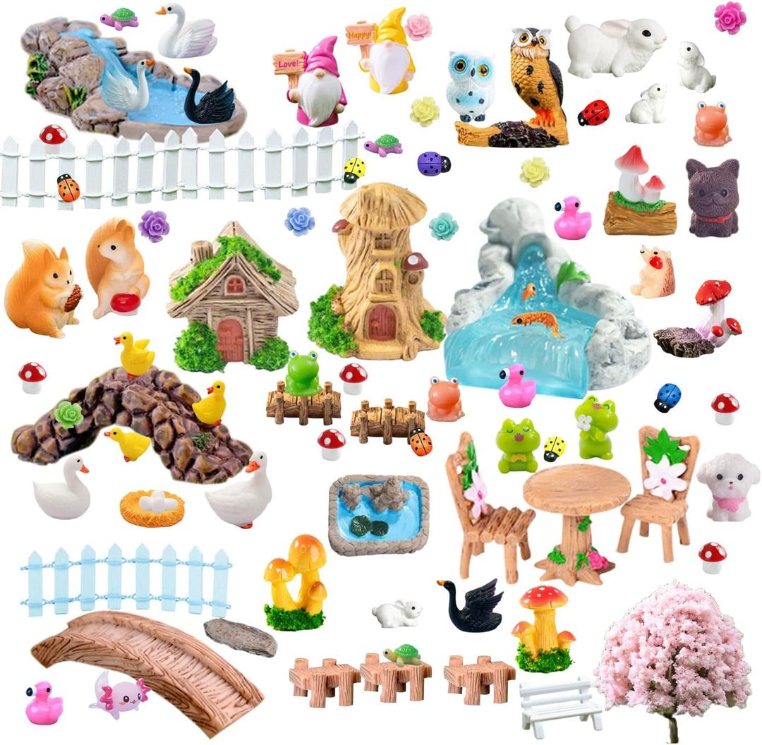 U-Zimikee 100 Pcs Mini Fairy Garden Accessories - Miniature Landscape Decorations with Bridge Pond House Gnome Figurines Mini Resin Animals Miniature Garden Figures Bulk for Dollhouse Garden Craft