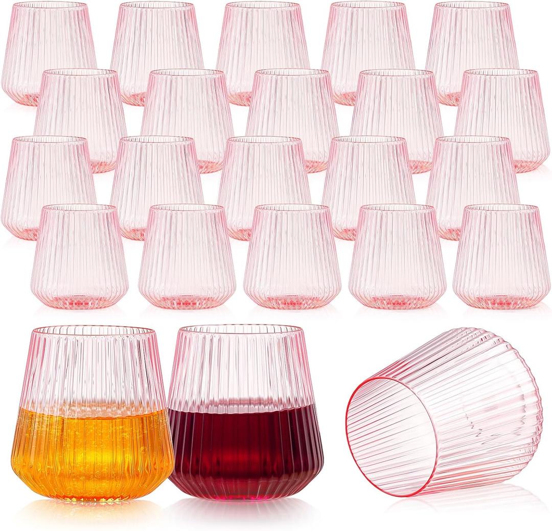 24 Pack Pink Plastic Wine Cups, 14oz Disposable Stemless Ribbed Wine Glasses, Cute Clear Unbreakable Outdoor Cocktail Glasses, Heavy Duty Plastic Drinking Cup for Galentine Wedding Party Mimosa Bar